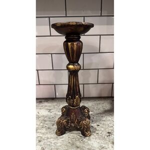 Ornate Baroque Pillar Candle Holder Bronze Gold Acanthus Leaf 13.5 Inch Tall